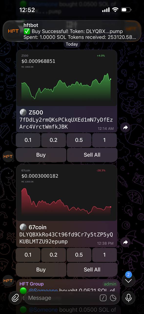 hft in-feed trading modal inside a Telegram group: live chart, preset amounts, and one-tap Buy and Sell All buttons